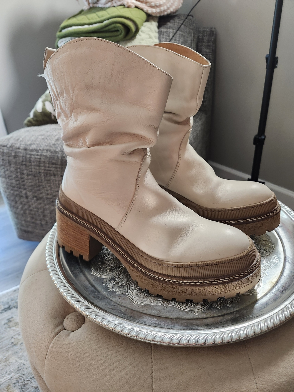 Free People Mel Slouch Women's Cream Platform Leather Boots Layered Platform 9.5
